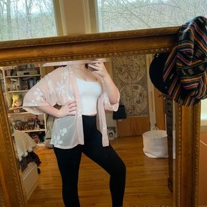 Pink and white Cropped Kimono